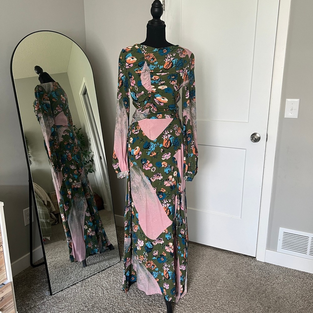 Maxi‎ Dress Womens 4 Green Floral Ruched Boho Gown House of Holland Bridal